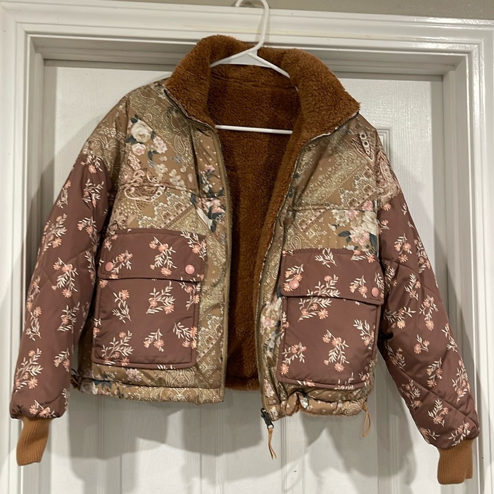 AE Reversible Floral Teddy Sherpa Jacket